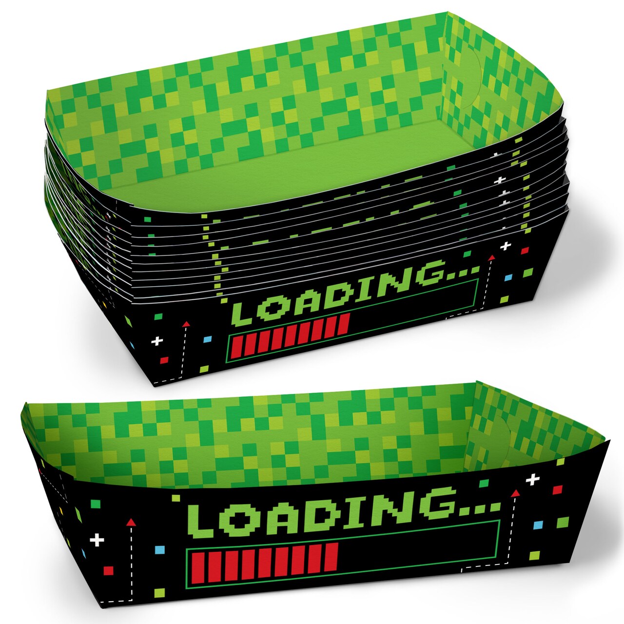 Big Dot of Happiness Pixel Video Game Party Paper Food Trays, Disposable Double-Sided Paper Food Holders for Nachos, Hot Dogs, French Fries - 12 Ct